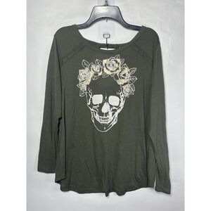 Jerry Leigh Shirt Juniors XL Long Sleeve Skull Rose Crown Pullover Green Goth‎